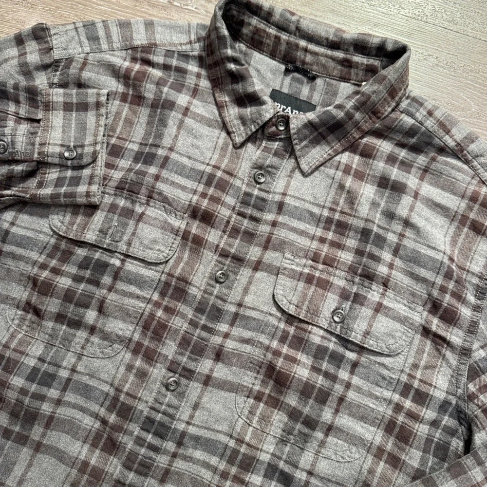 Prana Shirt Mens XL Gray Brown Plaid Flannel Organic Cotton Outdoor Heritage
